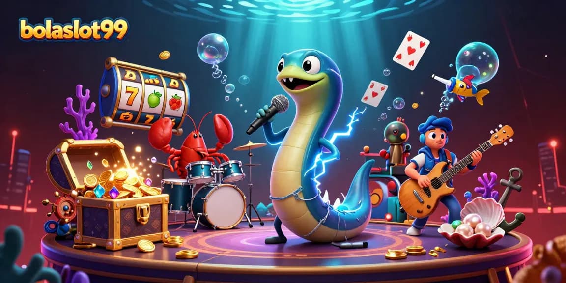 Bolaslot99 showcases a vibrant underwater casino scene with a DJ eel performing alongside a lobster drummer.