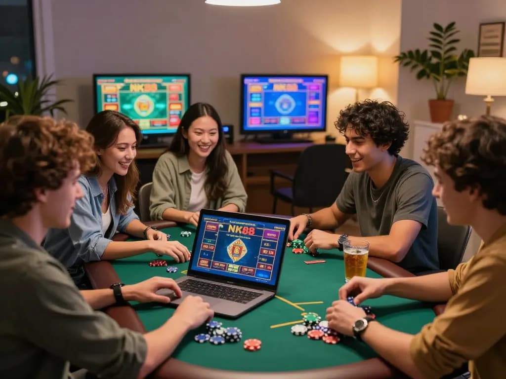 Friends enjoying NK88 gaming night with excitement and drinks in cozy home.