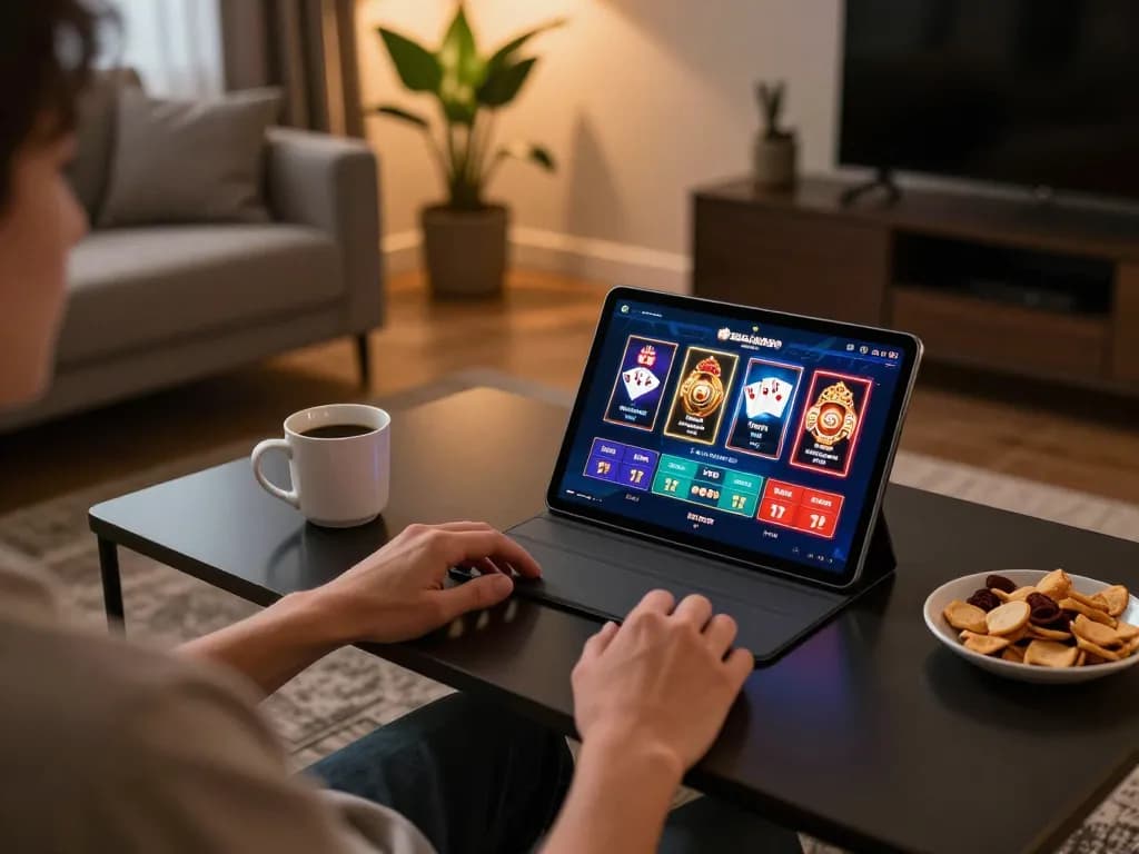 Engaging with BERLIAN889 online gaming on a sleek tablet in a cozy home environment.
