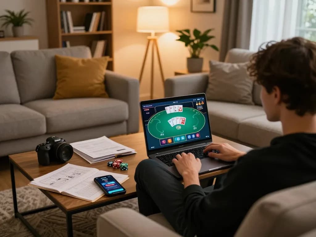 Engaged player using https://gg88se.com/ to master online poker strategies in a cozy home setting.