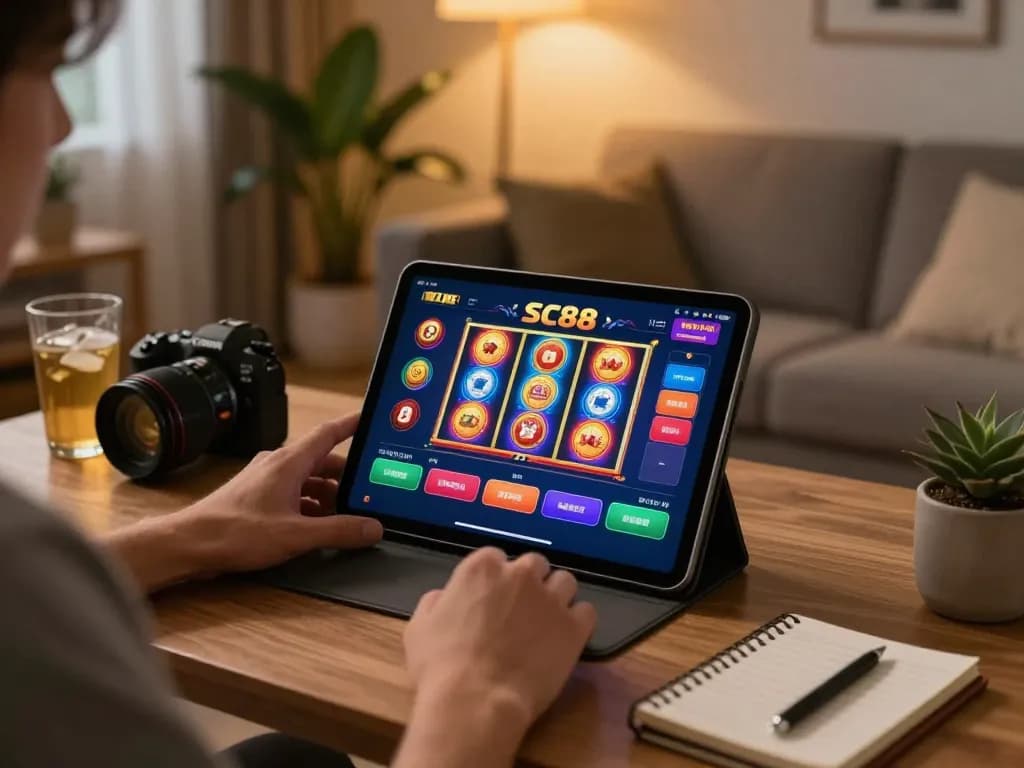 Player enjoying SC88 online casino gaming experience on tablet in cozy home setup
