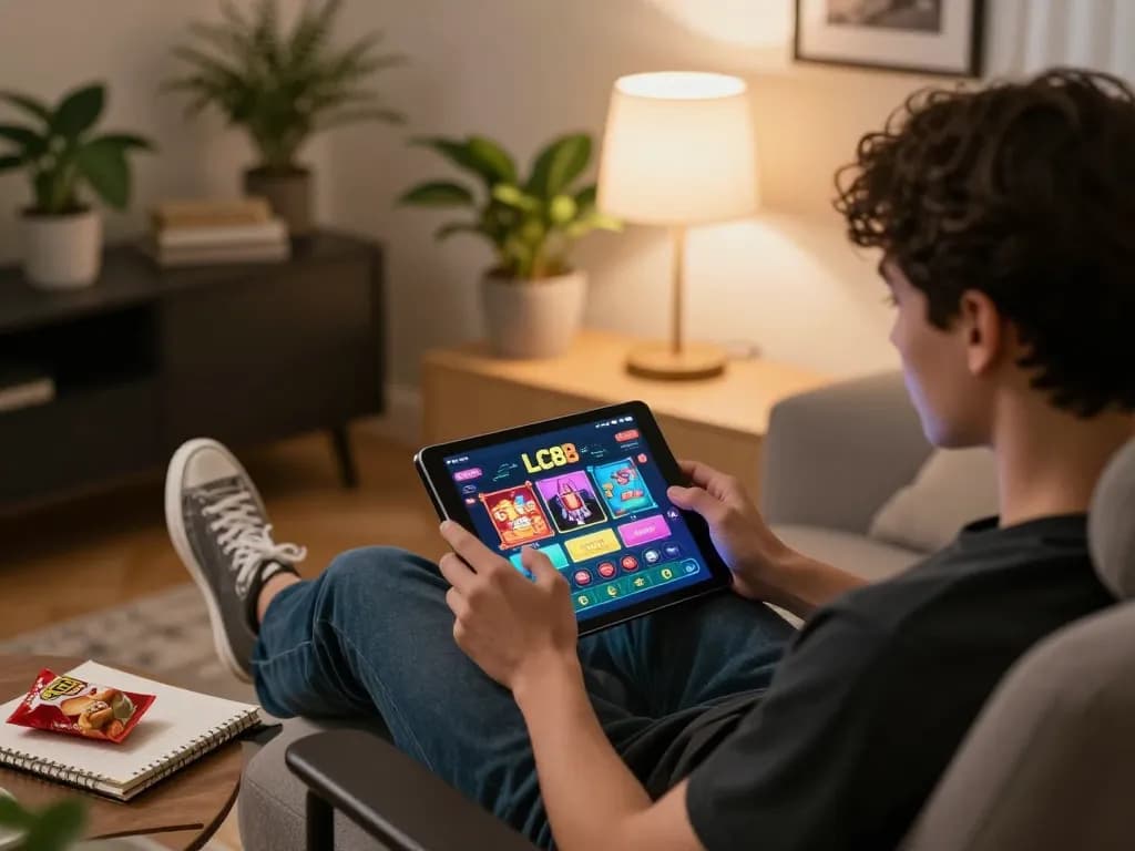 Player enjoying the LC88 casino app on a stylish tablet, set in a cozy modern home.