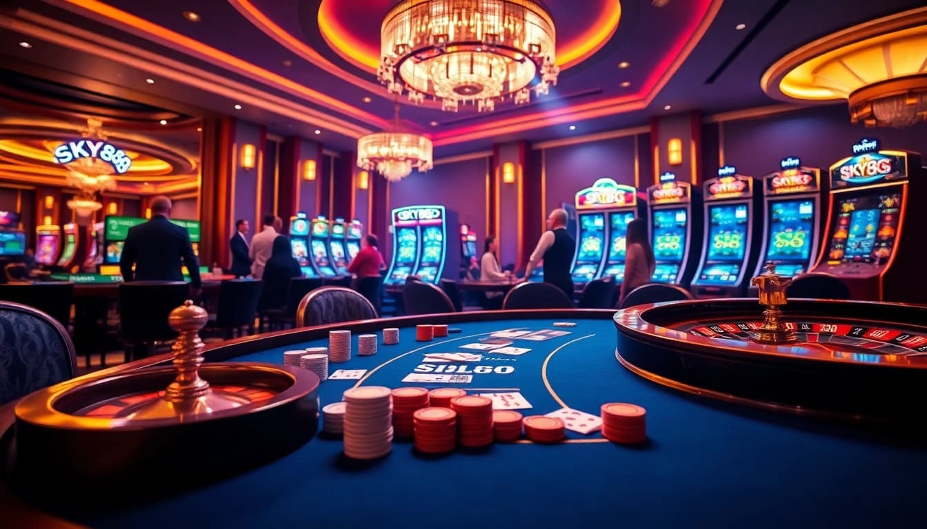 Players engaging in dynamic casino games at SKY88, with vibrant lighting and luxury decor.