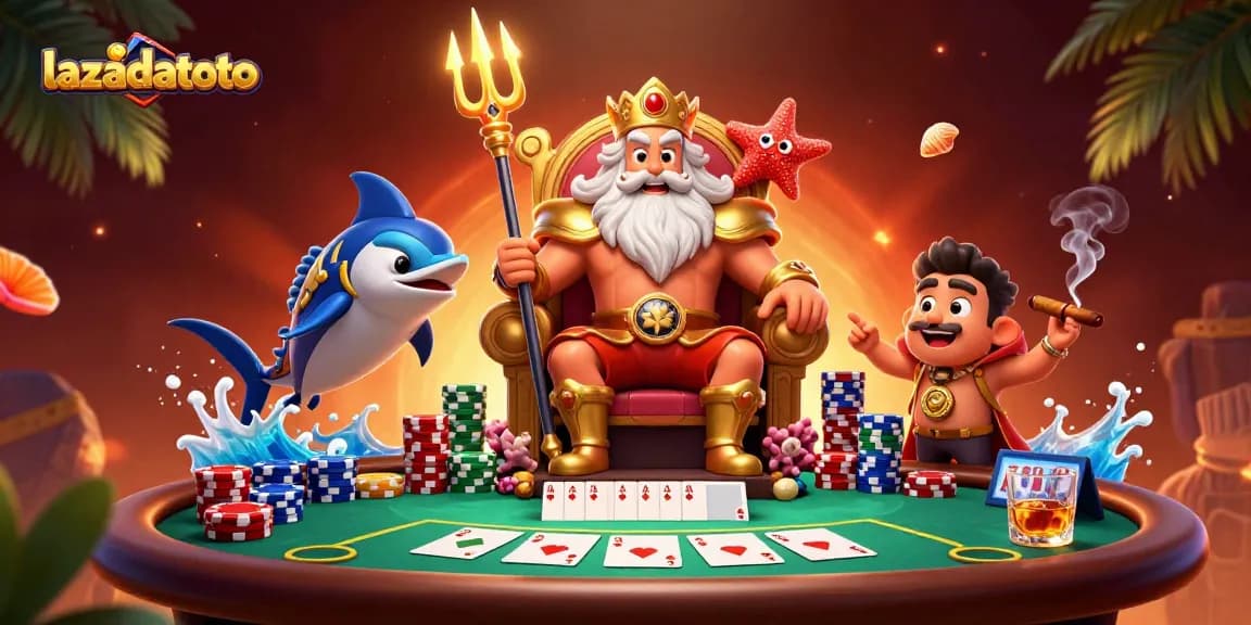 Gambarkan momen seru di lazadatoto dengan karakter raja laut dan elemen permainan poker yang menarik.