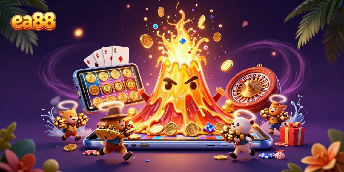 ea88 evokes thrilling casino adventures with golden coins and a vibrant volcano scene.