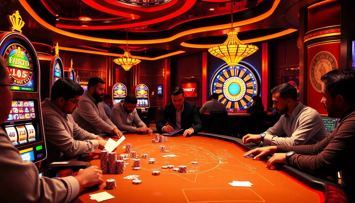 Gambling enthusiasts engage at a high-stakes table in a luxurious viral4d casino.