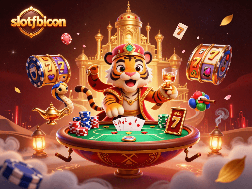 Engage with the excitement of slotfbicon featuring a vivid scene of a sultan on a flying carpet amid slot machines.