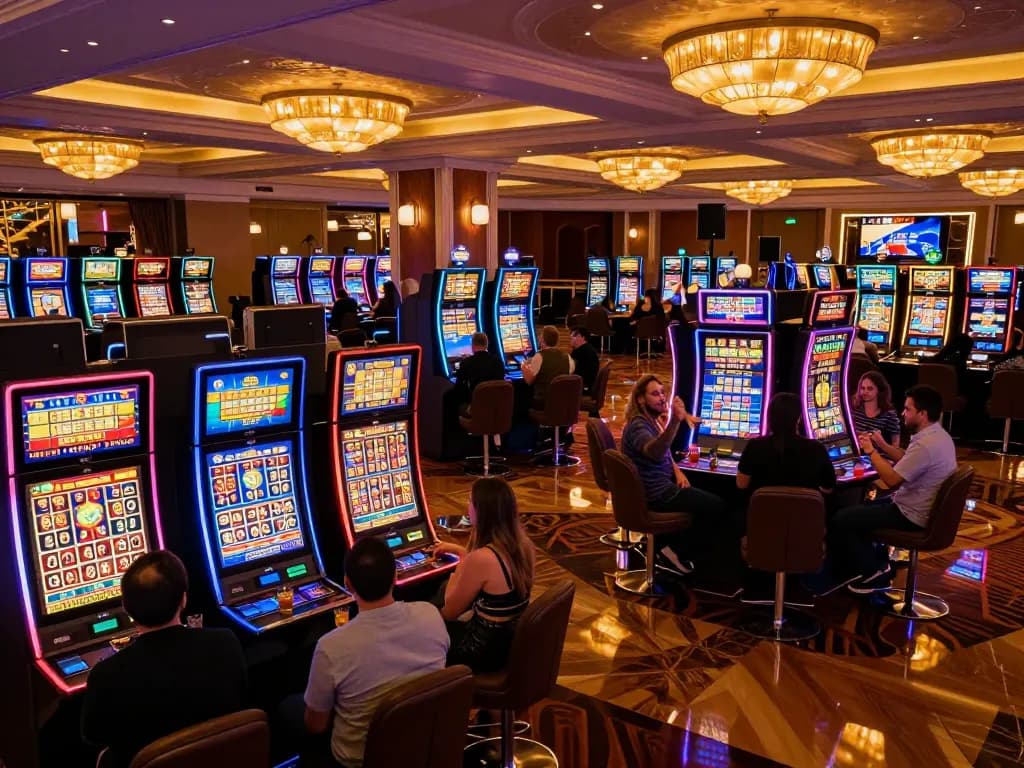 Engaged players enjoying slots at W188 while celebrating wins and vibrant lights.