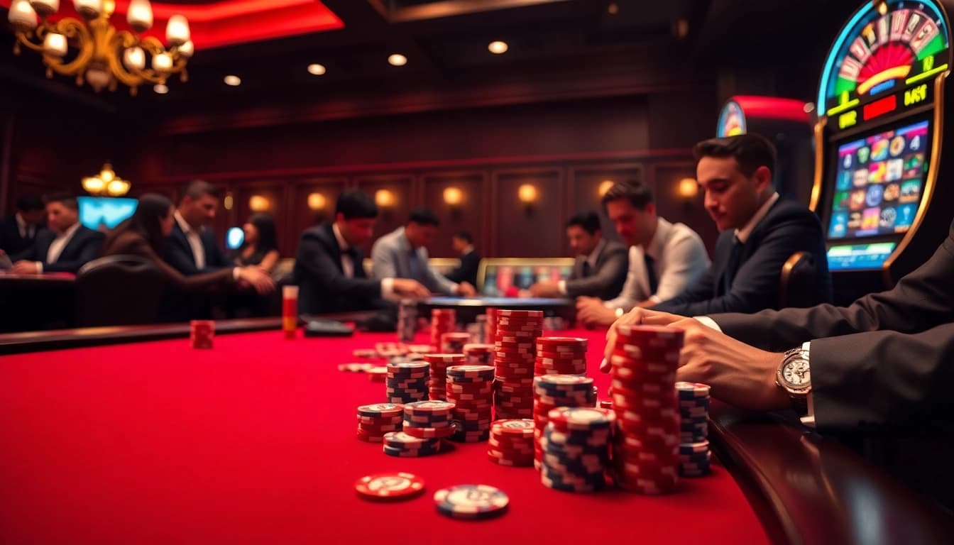 Exciting gambling scene at xin88 with poker, roulette, and vibrant slot machines.