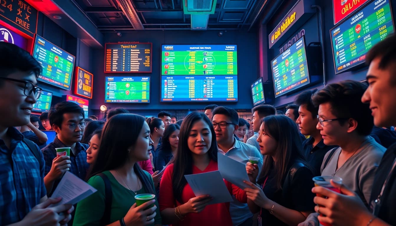 Exciting atmosphere of kèo nhà cái with bettors studying football odds in a vibrant sports betting environment.