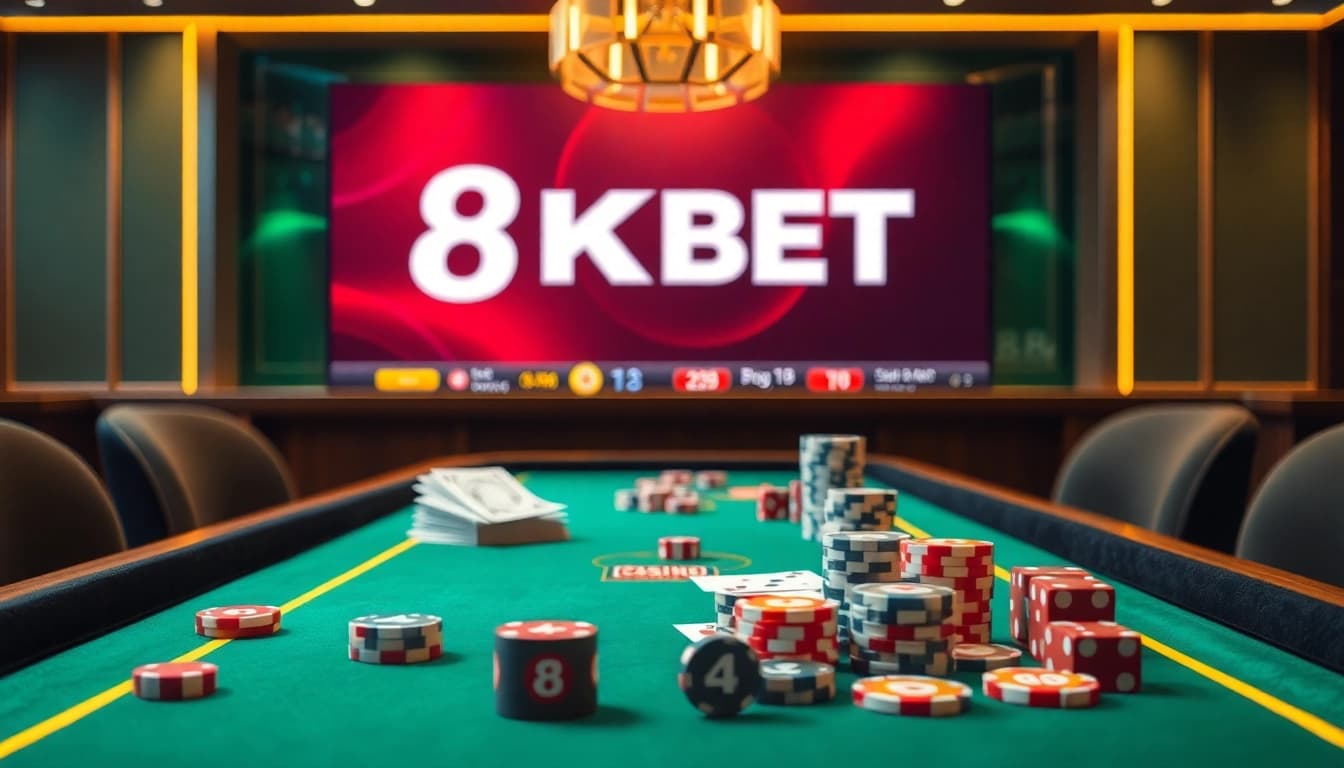 Engaging gameplay at a luxurious 8KBET casino table with vibrant poker chips and cards.