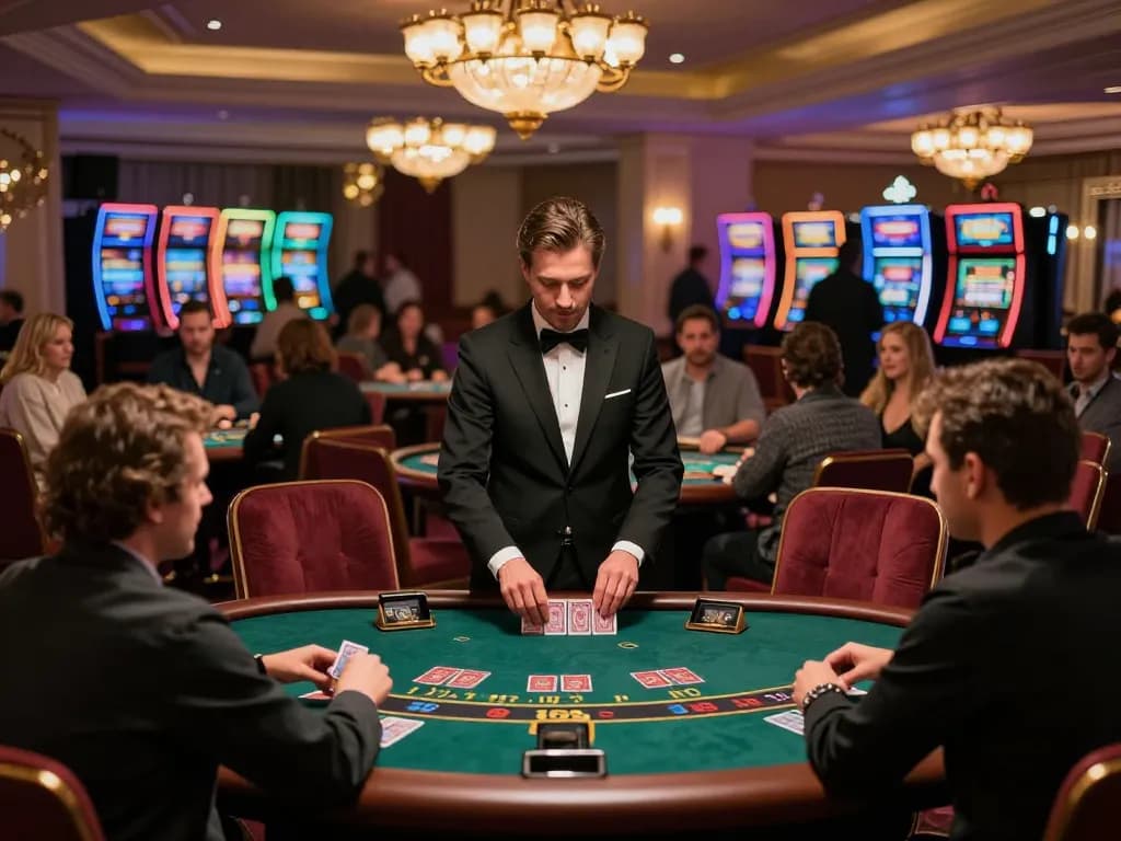 DAGA trang chu players strategizing at blackjack tables in a luxurious evening casino setting.