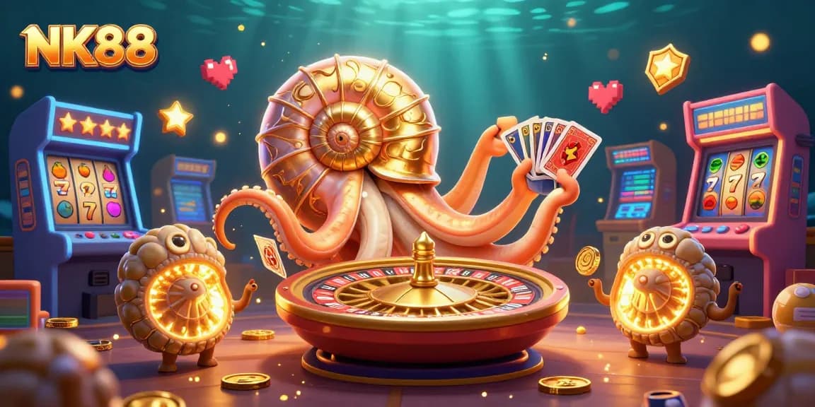 Engage in thrilling gameplay with NK88, featuring a giant nautilus roulette and vibrant slot elements.