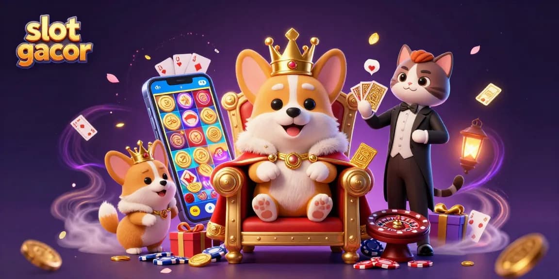 Slot gacor menampilkan corgi kerajaan dan pelayan kucing dalam suasana kasino megah.