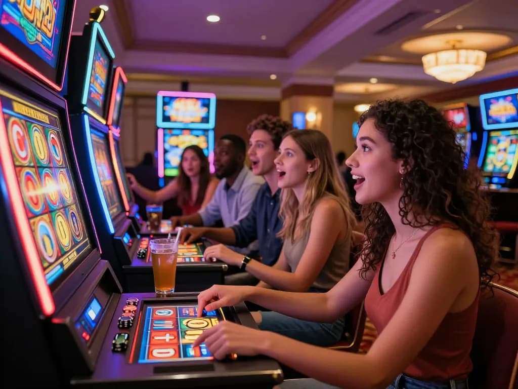 Diverse group enjoying a thrilling slot gaming experience at a casino, showcasing excitement and camaraderie.
