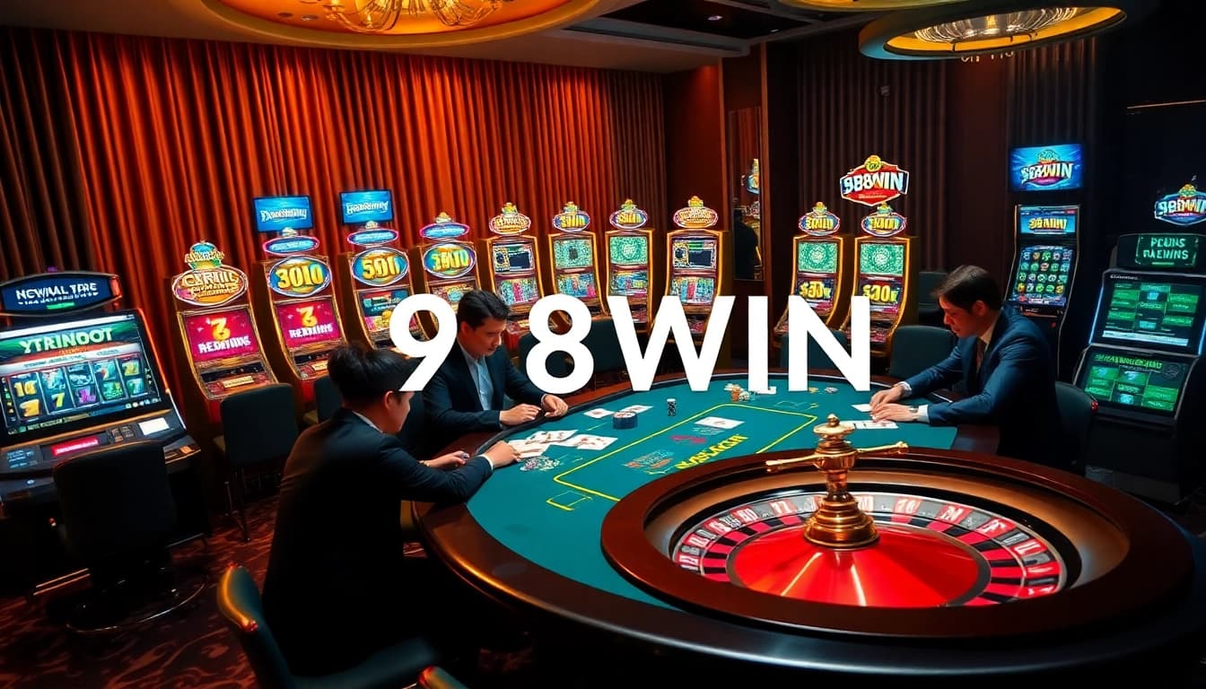 Experience the excitement of gambling at 98WIN with a luxurious casino scene featuring poker and slot games.