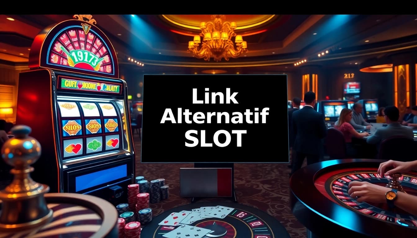 Engaging casino scene with a slot machine displaying 'link alternatif slot' alongside poker chips and cards.