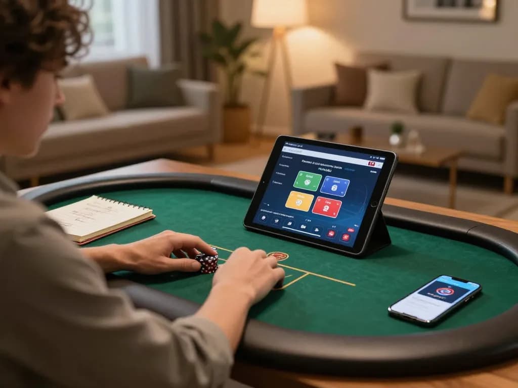 Player using fabet app on tablet to strategize during an online poker game in a cozy home setting.