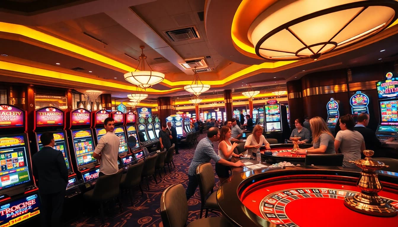 Emasputihtoto menyajikan suasana kasino yang cerah dan menarik dengan slot dan meja roulette.