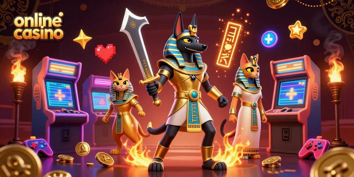 Engage with dynamic online casino elements featuring Anubis and Bastet in a vibrant scene.