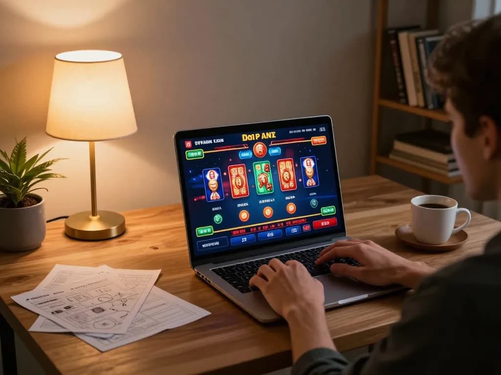A player enjoying online gaming at https://c168b.com/ with vibrant casino screens, cozy home setting, and strategic notes.