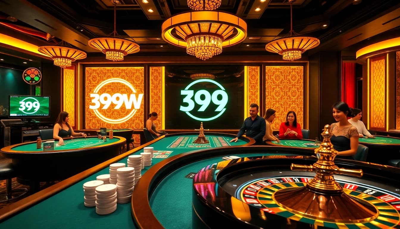 Gambling excitement at 399W’s luxurious casino with lively players and vibrant tables.