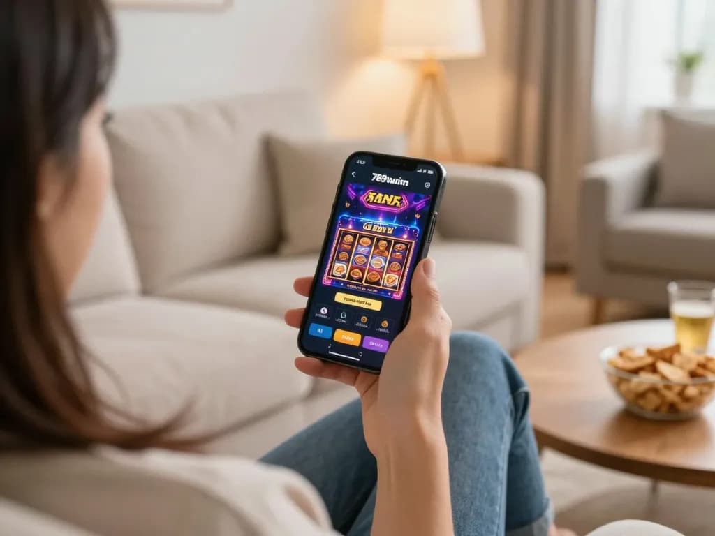 Engaging moment of online gaming on 789win.com with smartphone showing live casino action