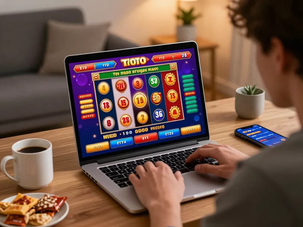 Toto macau slot gameplay action captured on a laptop in a vibrant home office environment.