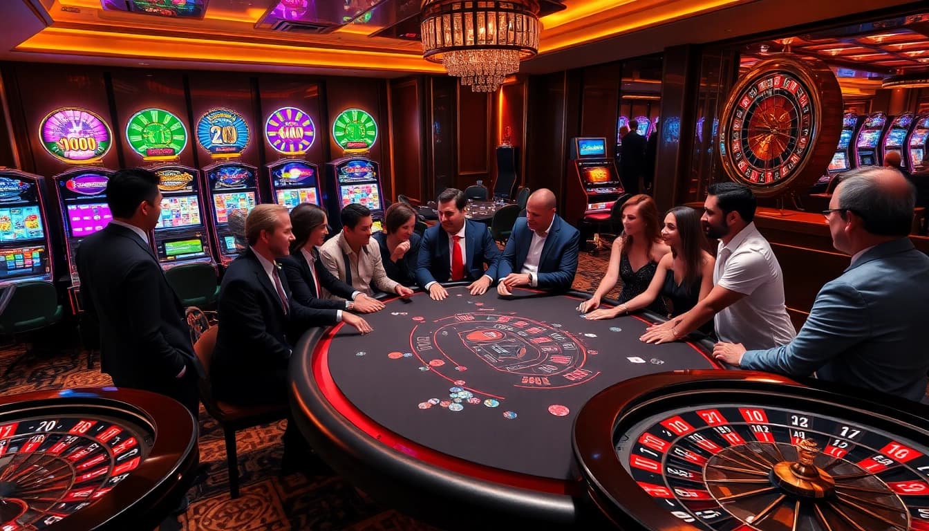 A group of enthusiastic players engaging at the BJ66 blackjack table in a luxurious casino.