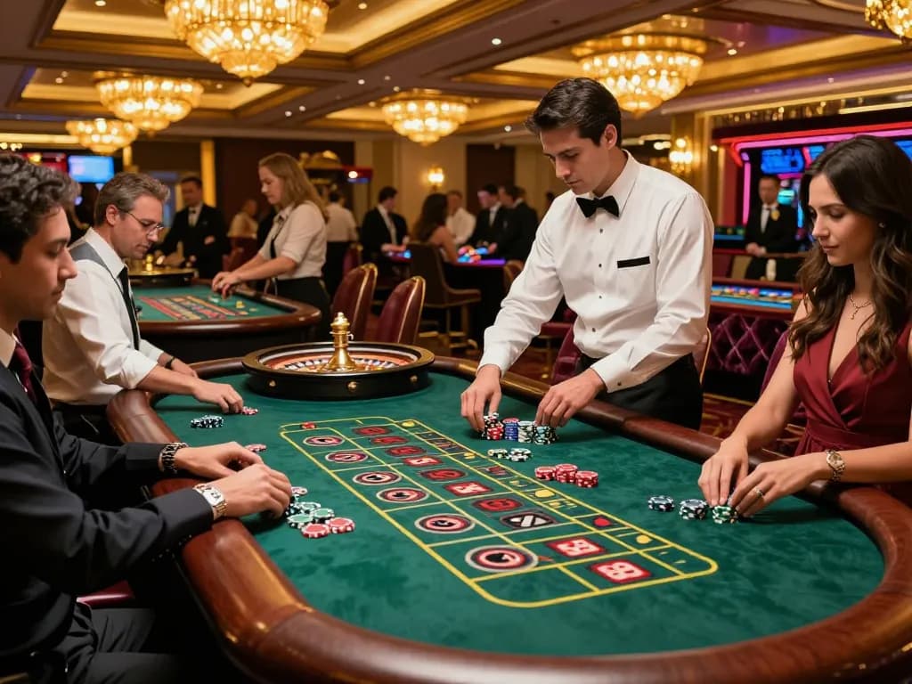 TG88 players placing bets at an elegant roulette table in a vibrant casino atmosphere