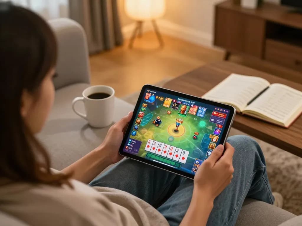 Player engaging in top 10 game bài on a tablet in a cozy home atmosphere