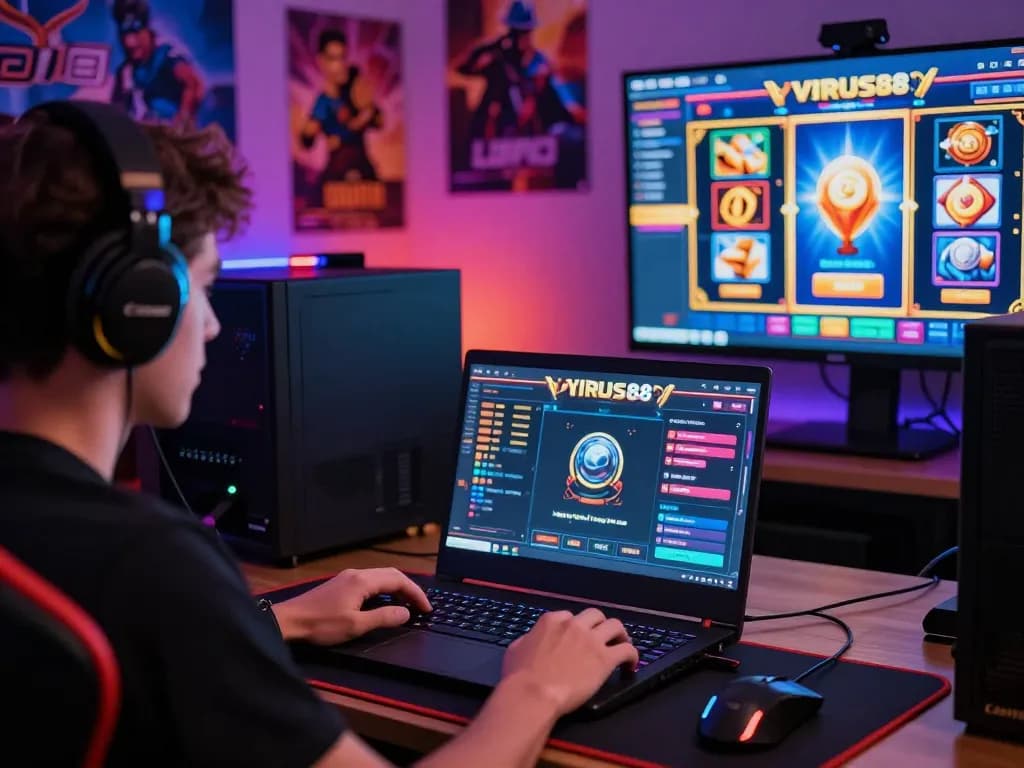 Pengalaman bermain game online VIRUS88 yang menarik dengan warna-warna cerah dan pemain yang fokus pada permainan slot.