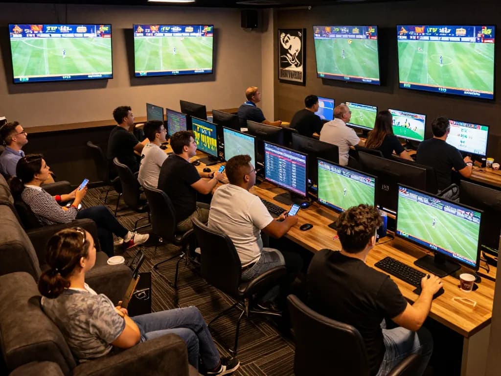 F168 thể thao patrons engaging in live sports betting with excitement and the latest odds displayed