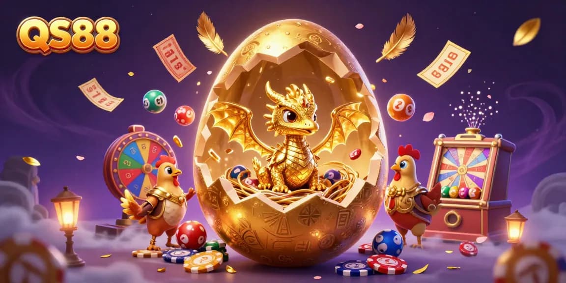 Experience the magic of QS88 as the golden baby dragon emerges amidst vibrant casino elements.