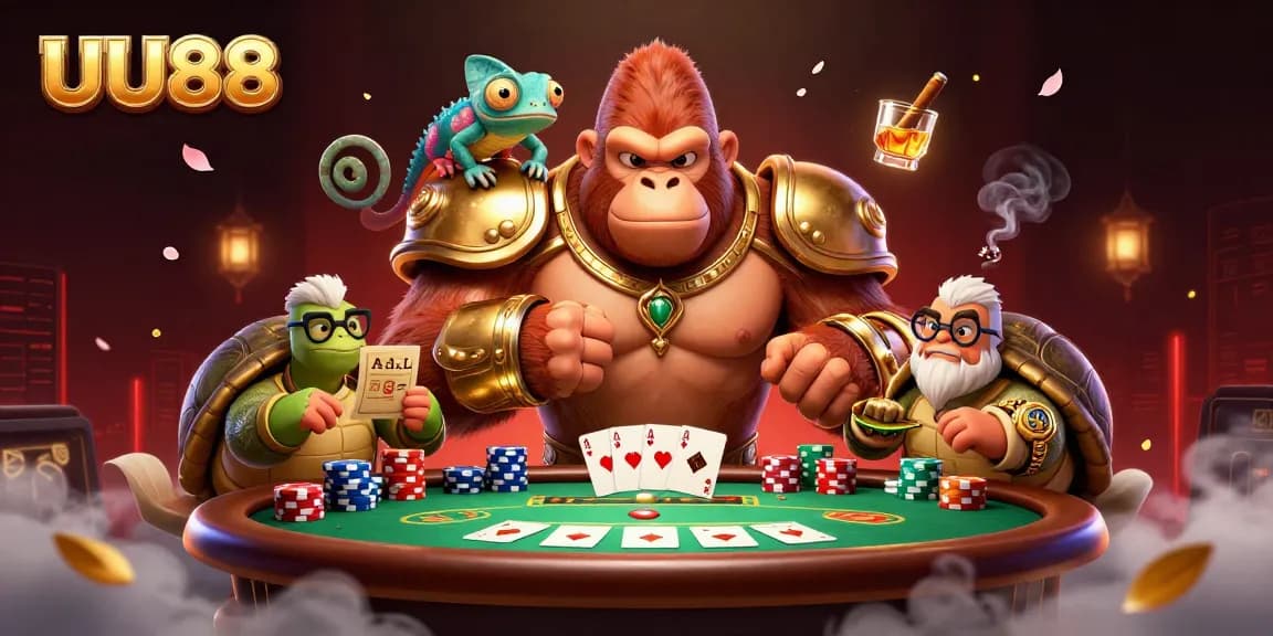 Engage with UU88’s thrilling poker scene highlighted by a gorilla king in golden armor.