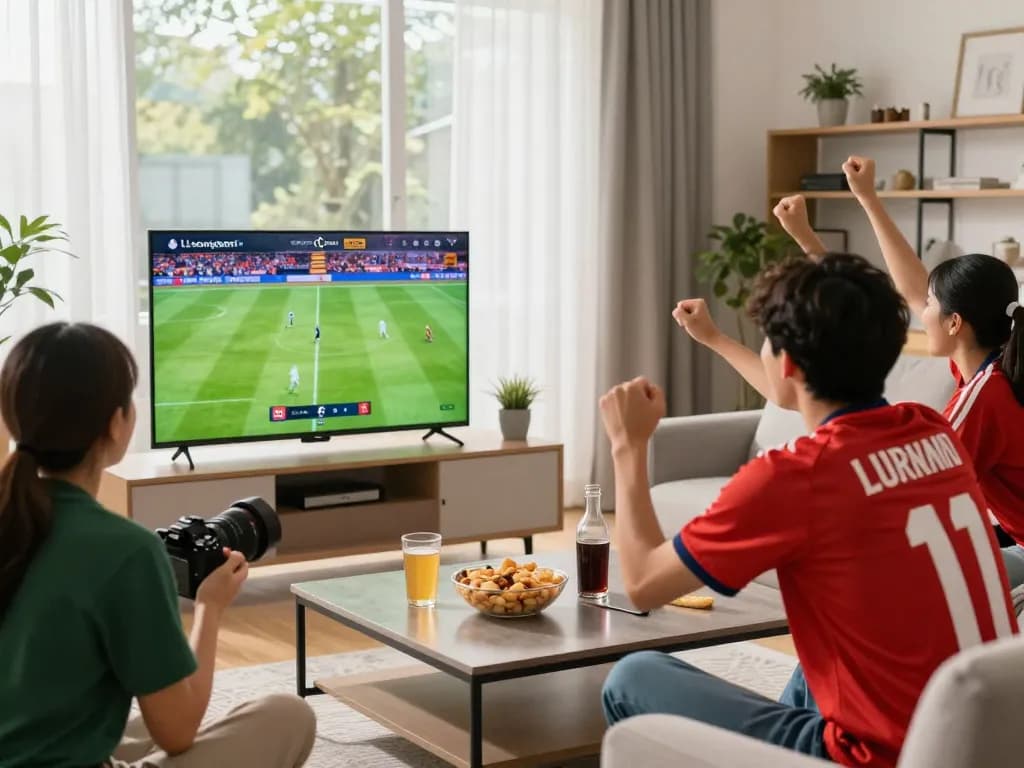 Engaged football fan enjoying live matches on luongsontv in a lively home environment