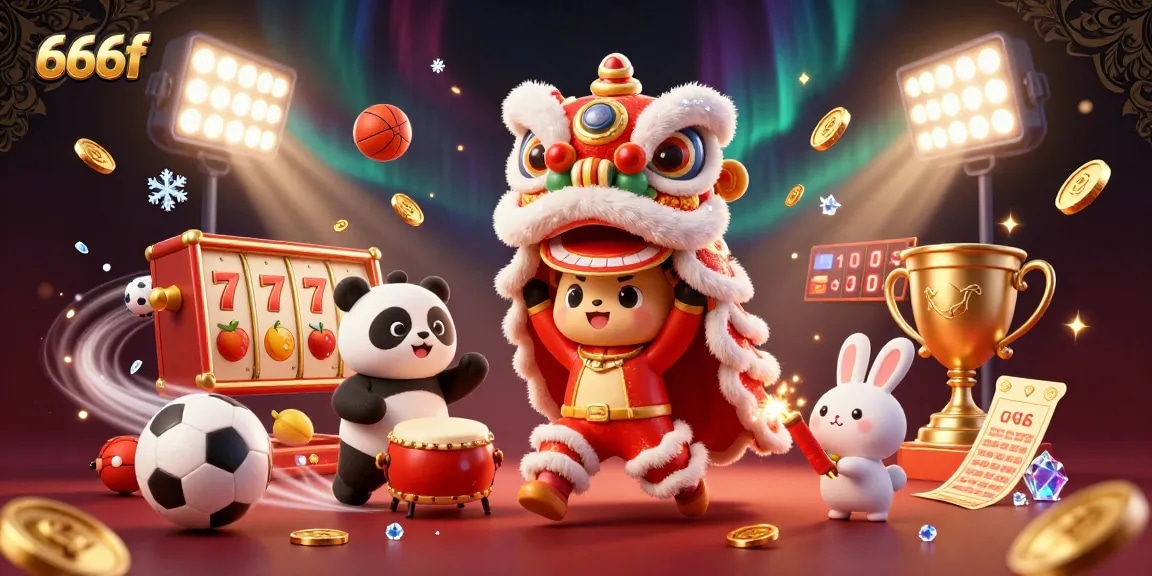 Experience thrilling gameplay at 666f with a vibrant 3D illustration showcasing dynamic games and festive characters.