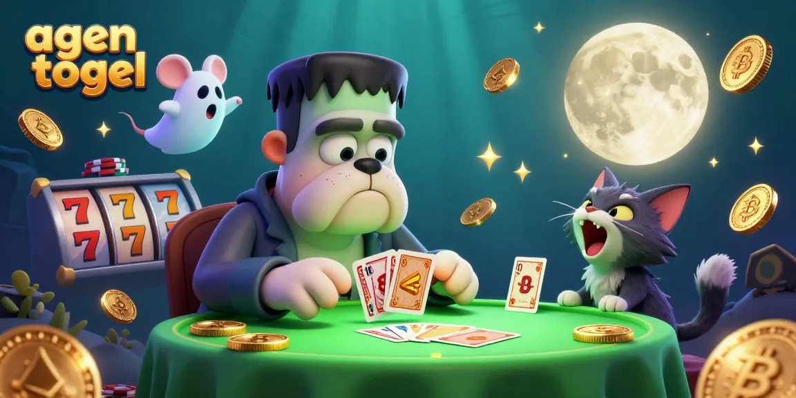 Agen togel menggunakan kartu di meja hijau yang spooky dengan karakter unik dalam ilustrasi 3D.
