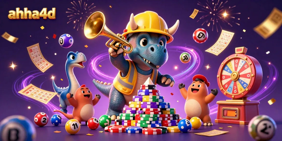 Visualize thrilling moments in ahha4d as a triceratops builds poker chips while lottery balls bounce around.
