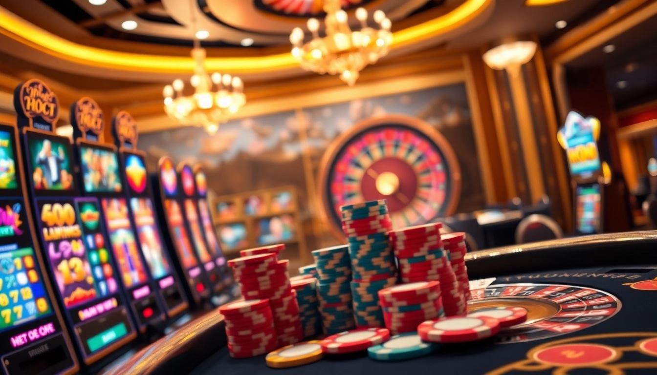 Exciting online gaming environment on Onicplay with vibrant slot machines and poker action.