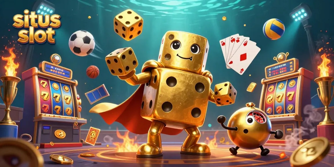 Experience the excitement of situs slot with colorful slot reels and golden dice in a dynamic casino scene.