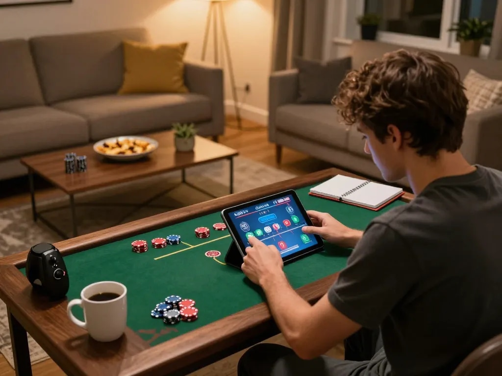 KADAL778 player analyzing poker strategies at home with tablet and notebook