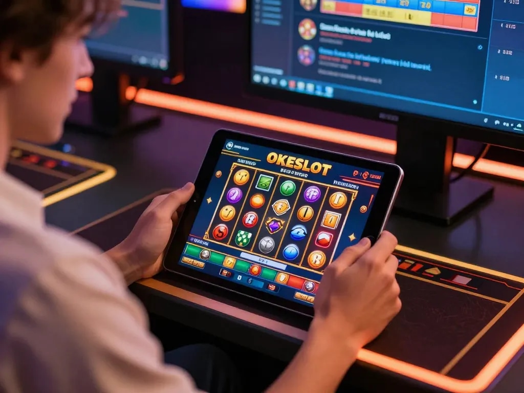 Pemain yang terlibat menggunakan aplikasi kasino OKESLOT di tablet untuk pengalaman bermain yang mendebarkan.