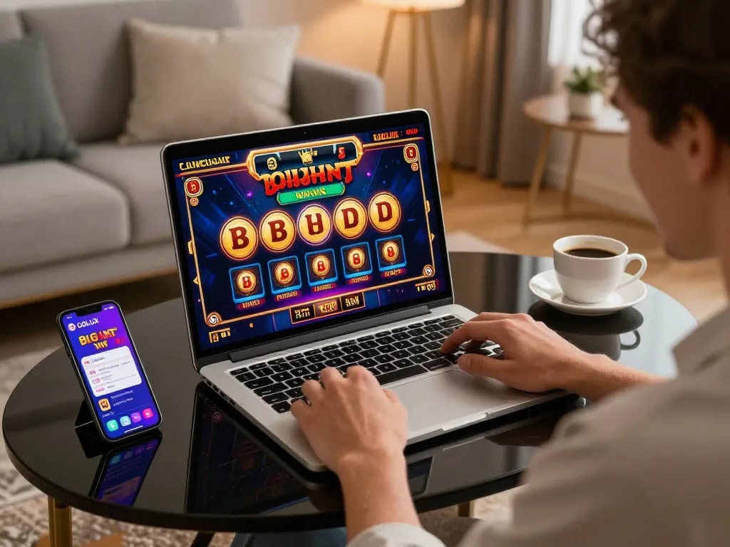 Player celebrating a big win on LGOLUX online casino with laptop in cozy home setting