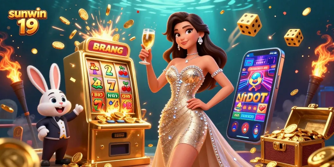 Experience the excitement of sunwin 19 with a vibrant 3D casino scene bursting with jackpots and game elements.