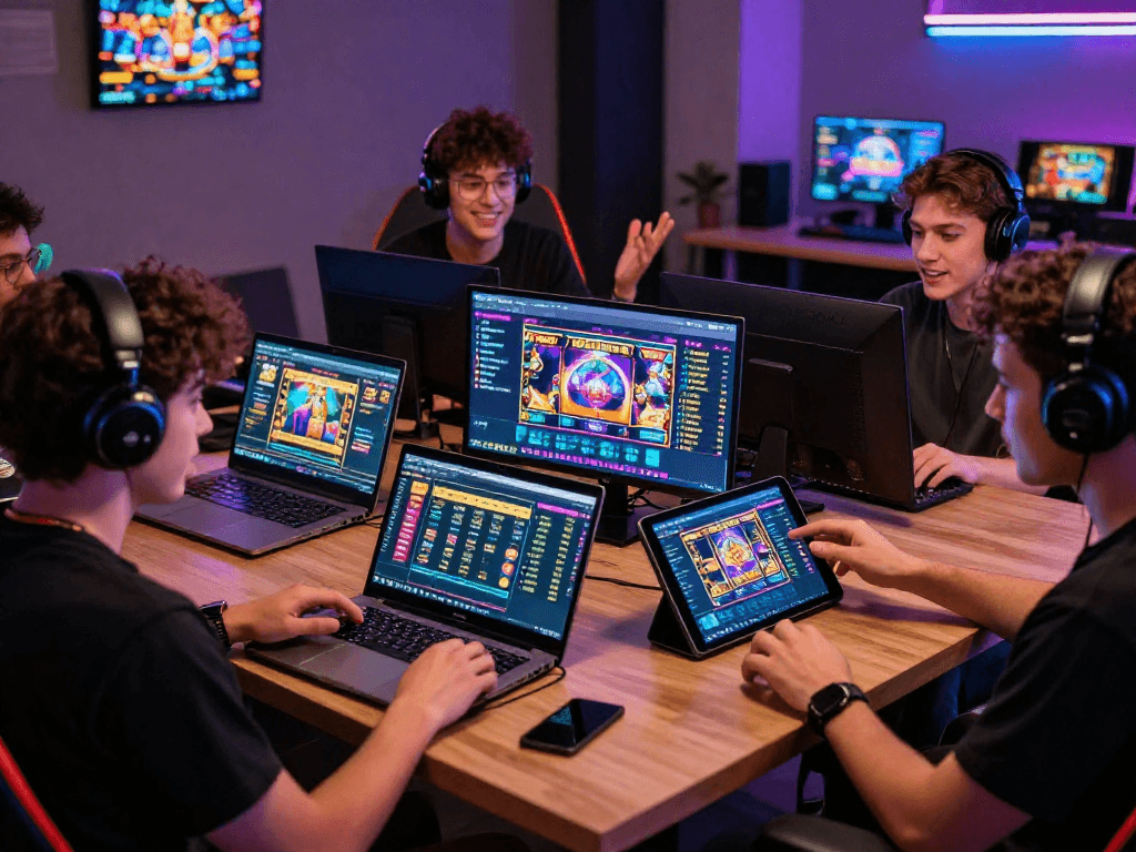 Players enjoying rtp slot hari ini in a modern gaming environment with vibrant screens and engaging experiences.