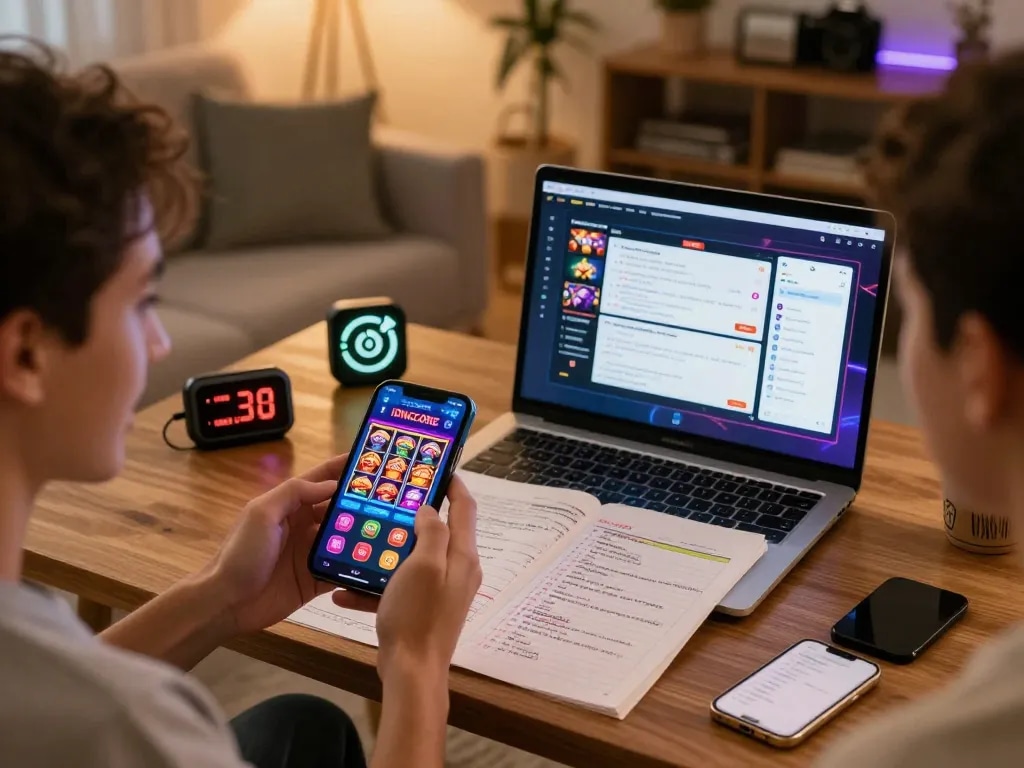 IDNSCORE players engaging with the casino app in a modern home setting for responsible online gaming.