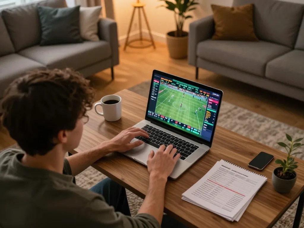 KQBD online betting experience with live scores displayed on laptop in cozy home setup.