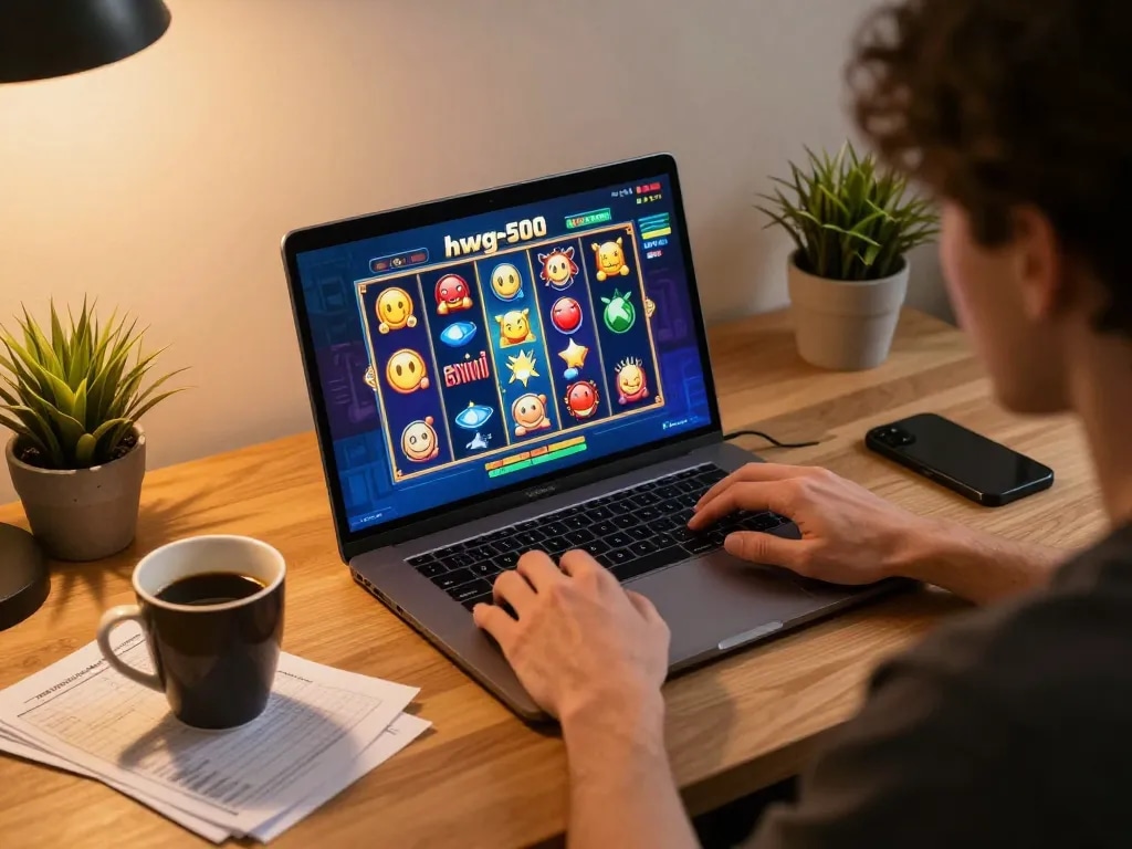 Bergabung dalam permainan slot hwg500 di laptop di lingkungan rumah yang nyaman, menyoroti permainan online