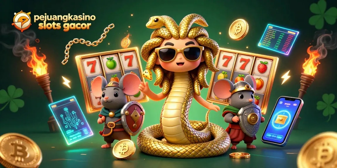 Menghadapi pejuangkasino slots gacor dengan Medusa dan mouse pejuang di tengah aksi kasino yang penuh warna.